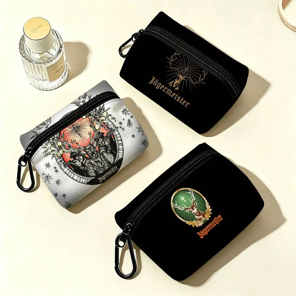 J-Jaegermeister Liqueur Lightweight Oxford Fabric Coin Purse Carabiner Hook Design Mini Card Key Organizer Bag