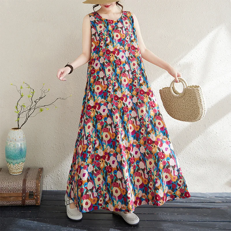 

Летнее богемное платье большого размера (до 100 кг) из хлопка и льна с принтом, свободного кроя, с широким подолом, А-силуэт, в нежном стиле, с круглым вырезом