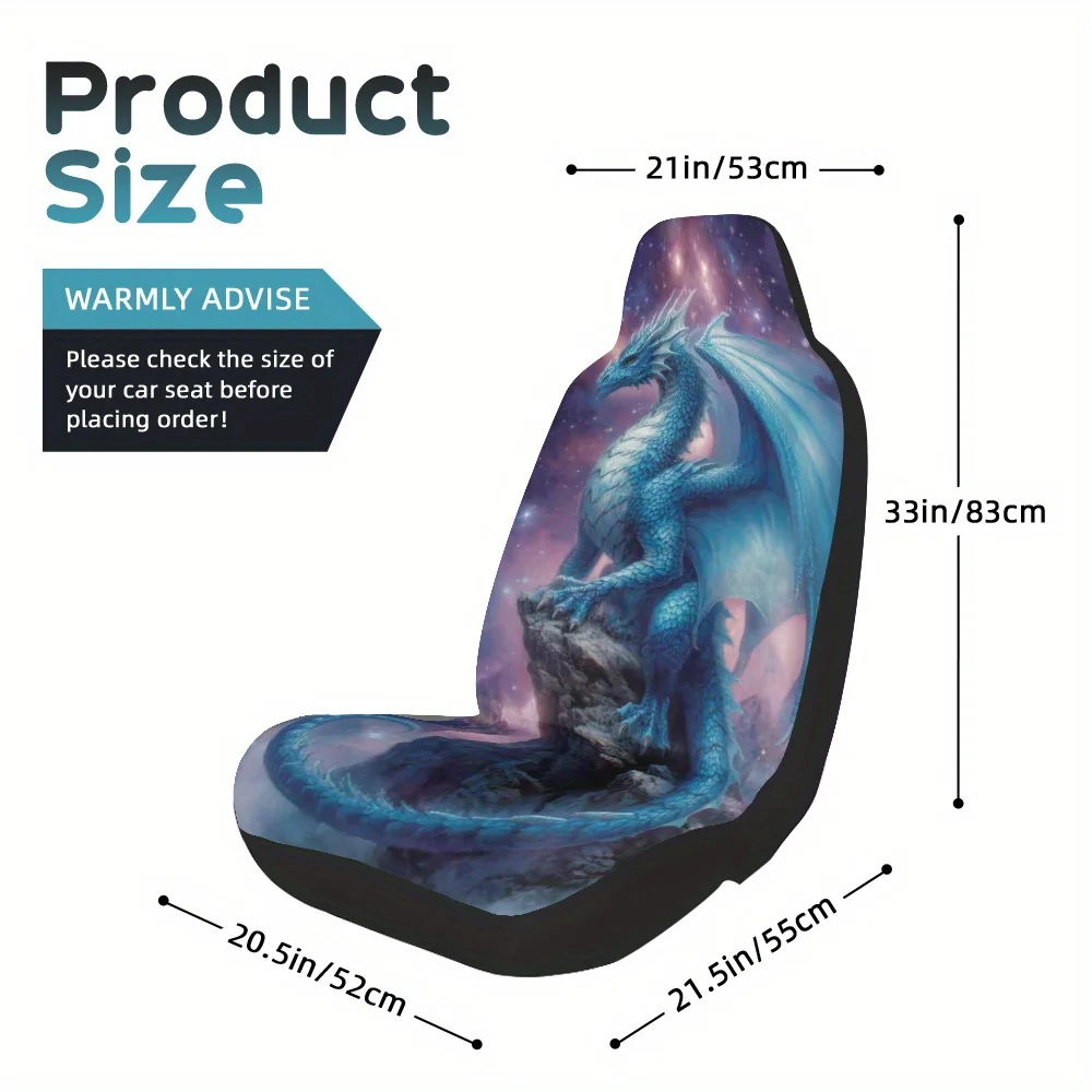 2pcs, Elegant Fantasy Blue Dragon Sky Print Front Seat Covers, Great Present For Friends With Cars, Quick To Remove And Wash For