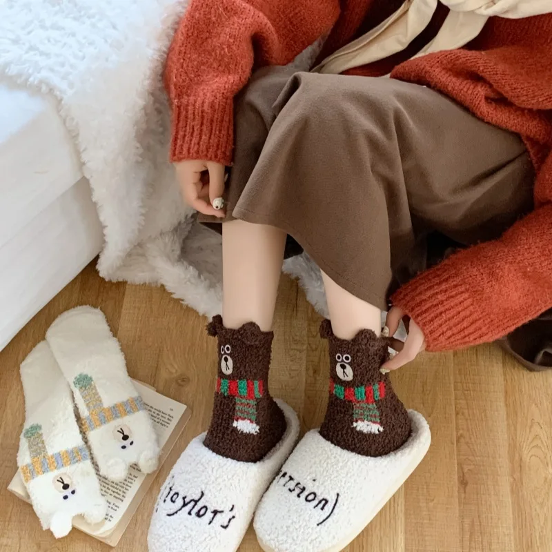 Fluffy sweet Socks Women Cute Winter Ladies Floor Slippers Socks Warm Plush Comfy Cartoon Bear Animal Fuzzy Kawaii Funny Sock