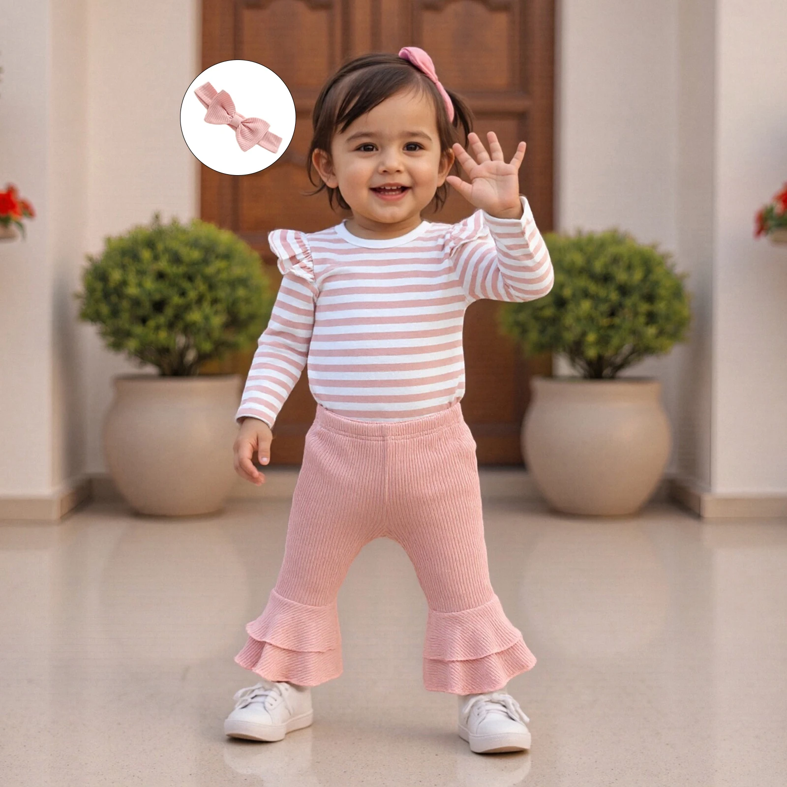 ملابس خريفية للفتيات الصغيرات، رومبير مخطط بأكمام طويلة مع بنطال واسع ومجموعة ملابس عصابة رأس