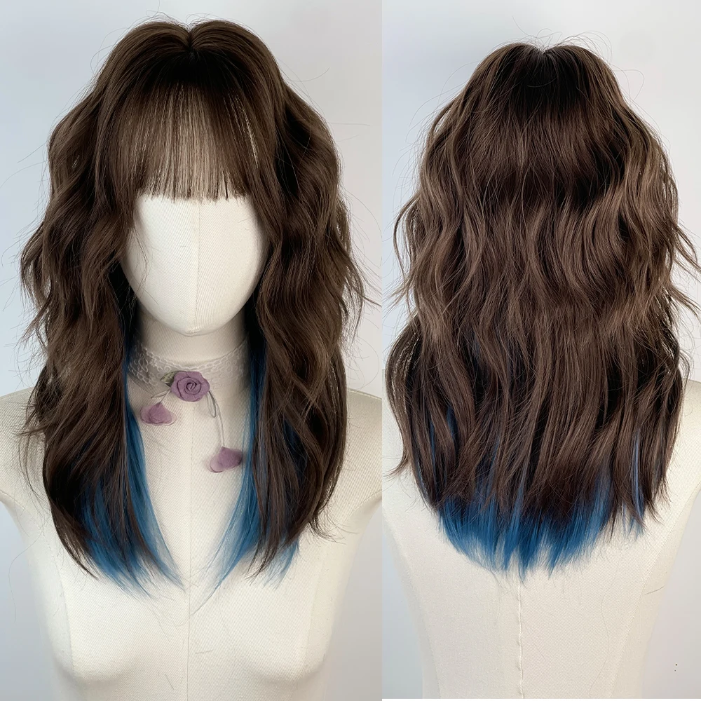 Brown Ombre Medium Blue Long Wavy Synthetic Women Wig with Bangs Lolita Anime Game Cosplay Fluffy Wig for Daily Party