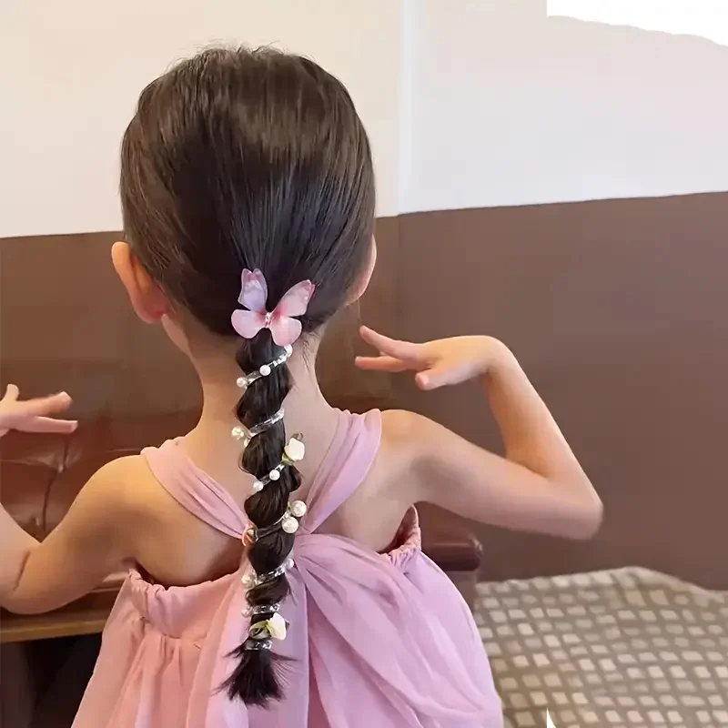قطعتان من عصابة الرأس الشبكية على شكل فراشة للفتيات بتصميم دائري لطيف من اللؤلؤ والزهور مثالي لإكسسوارات الشعر اليومية والحفلات