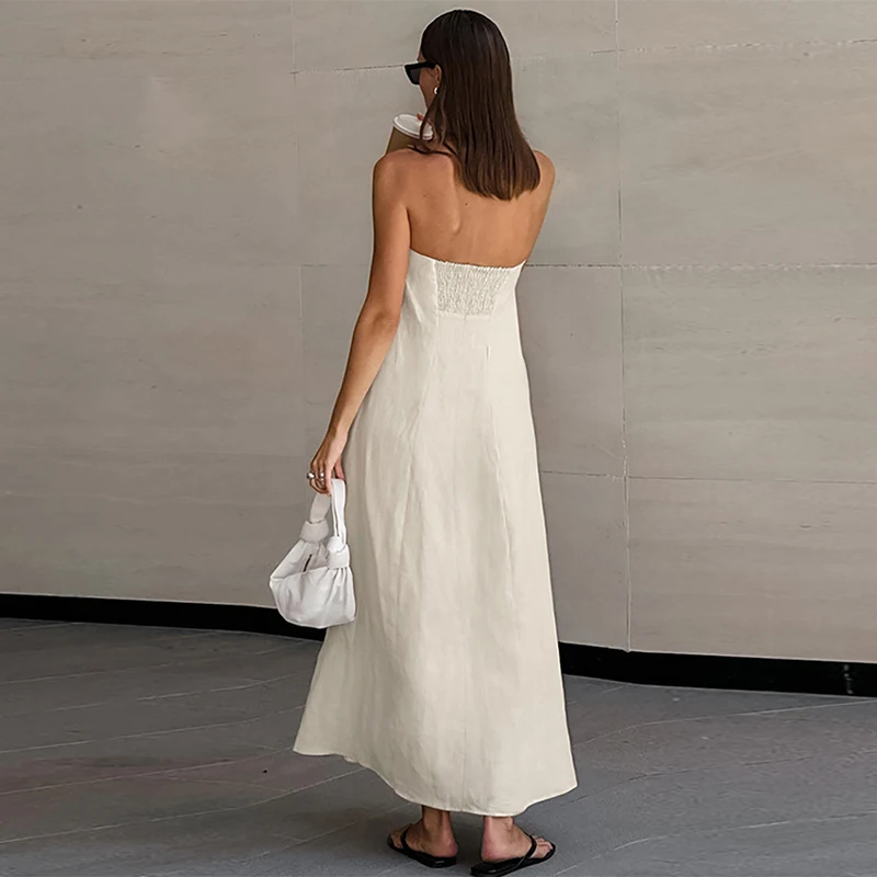 Französisch-Stil frauen Baumwolle-Leinen Trägerlosen Kleid Chic Neue Einfarbig Off-Schulter Backless Sexy Casual Sommer kleider Vestido – Detail 7