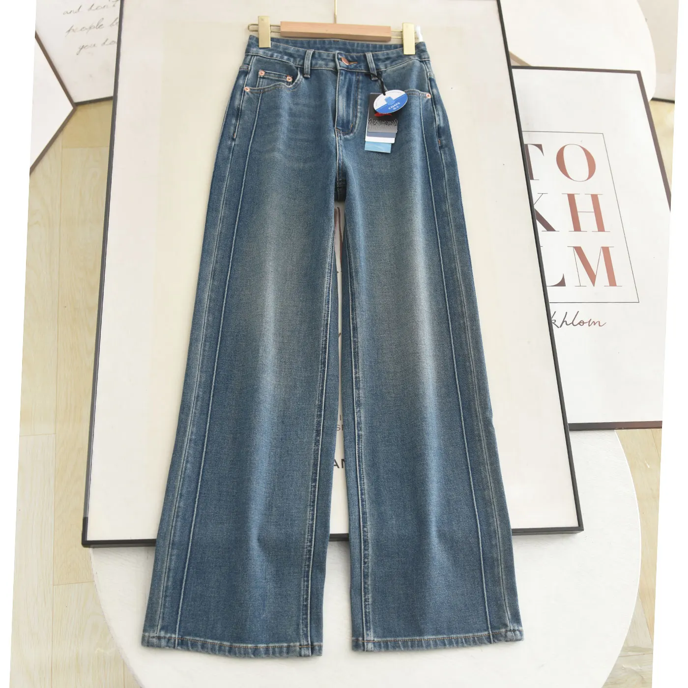 

Slimming High Waist Wide Leg Jeans Women's Straight Cut Pants Four-Sided Elastic Side Bone Line Design Casual Ladies Jeans