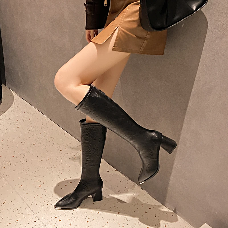 Autumn/Winter New Pointed Toe Knee-High Boot Womens Shoes V-neck Soft Leather Rear Zip Thick Heels Thigh High Boots Botas Mujer