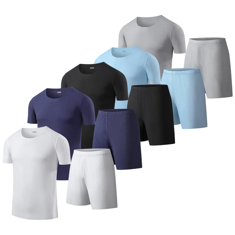 Male Summer Casual Pajama Suit Soft Breathable Ice‑silk Short Sleeve T‑shirt With Shorts 2‑piece Home Sleep Outfit