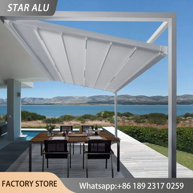 Retractable PVC Roof Pergola Motorized Foldable Awning with LED Light Heavy Duty Outdoor Patio Shelter Waterproof Sunshade Tent