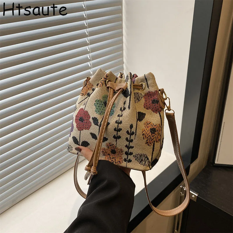 

Fashion Women Crossbody Shoulder Bags National Style Flap Canvas Printed Handbag Buckets Crossbody Bag Designer bolsa feminina