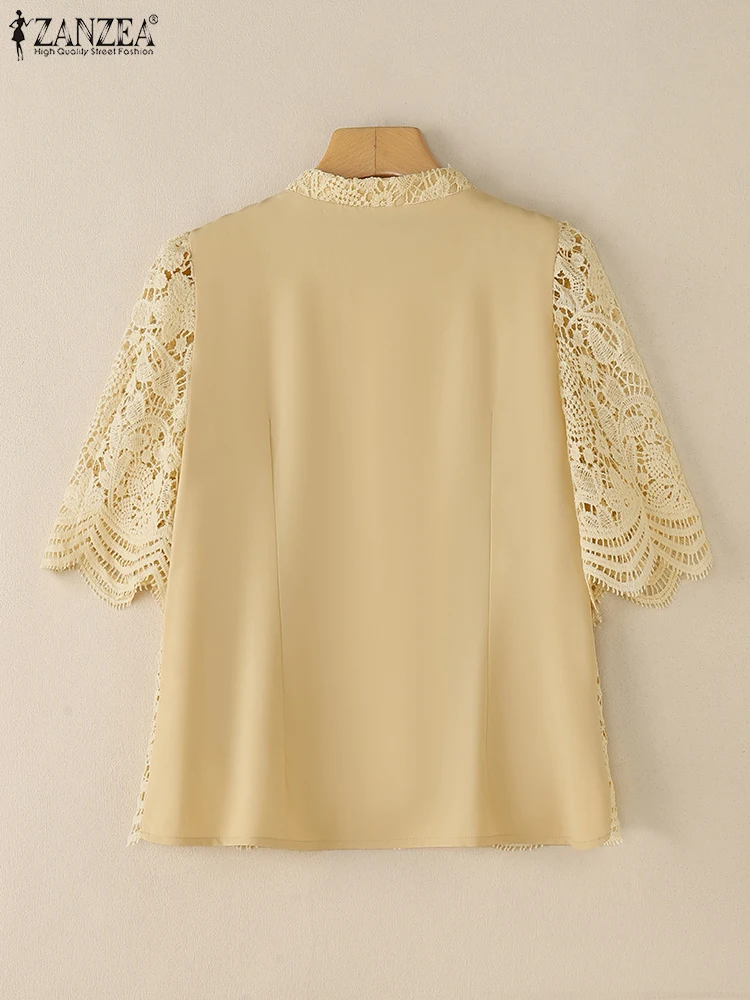 2025 ZANZEA Camisa de encaje de verano de ganchillo, blusa de trabajo elegante para mujer, Blusas informales de media manga con cuello redondo, Tops elegantes de retazos para vacaciones