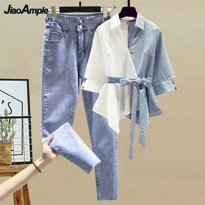 Women\'s 2024 Spring New Loose Shirt+Wide Leg Jeans Pants Two Piece Suit Korean Elegant Splice Blouse Denim Trousers Matching Set