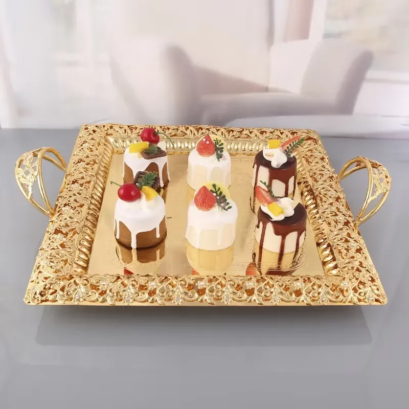 Metal Cake Stand with Plant Pattern Decorative Storage Tray for Home Dining Table Fruit Plate Jewelry Display Wedding Party