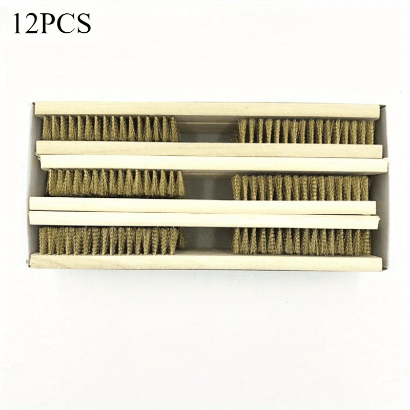 12PCS 6×16 Rows Plated Copper Wire Brush, Wooden Handle for Craft Walnut Bodhi Beads Rust Removal