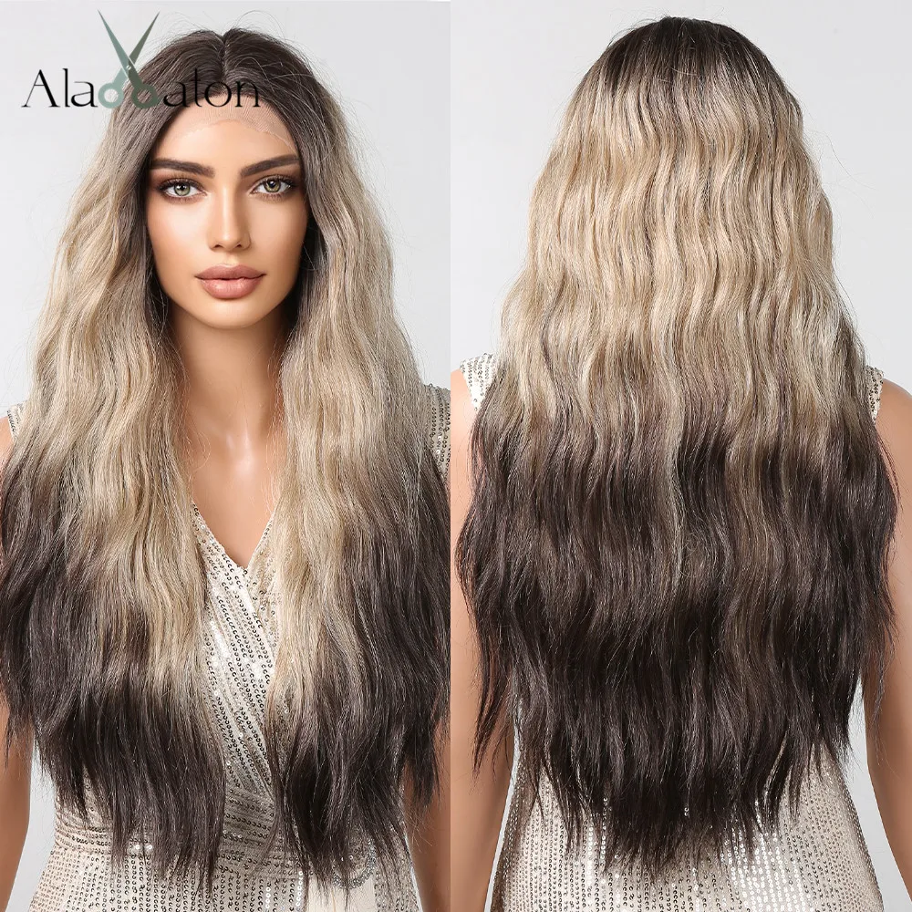 

ALAN EATON Ombre Brown Lace Front Wigs Long Blonde Wavy Synthetic Wig 13*1 Lace Frontal Hair Natural Hairline Heat Resistant Wig