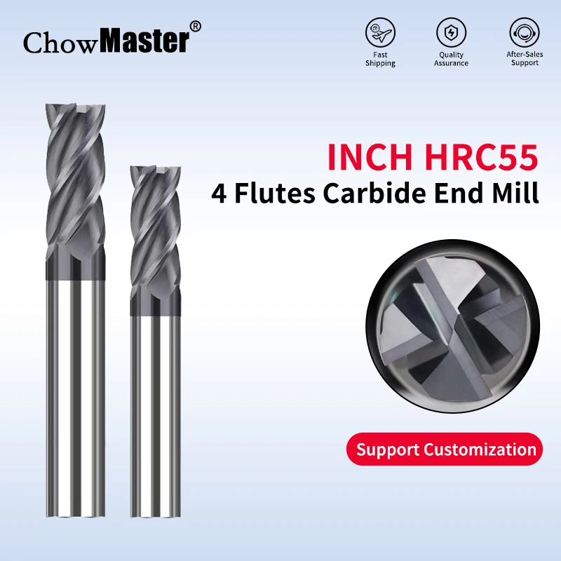 Chowmaster Inch Size Carbide Milling Cutter HRC55 4F Tungsten Carbide End Mill for Stainless Steel 1/8 3/16 1/4 5/16 3/8 1/2