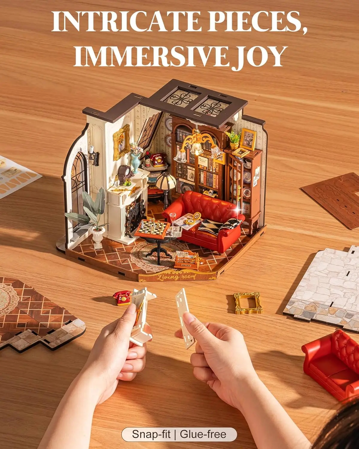 Robotime DIY Miniatur-Puppenhaus-Set, Catherine's Wohnzimmer, Holzbausätze mit LED-Leuchten, Modellbausätze für Erwachsene, Geschenk