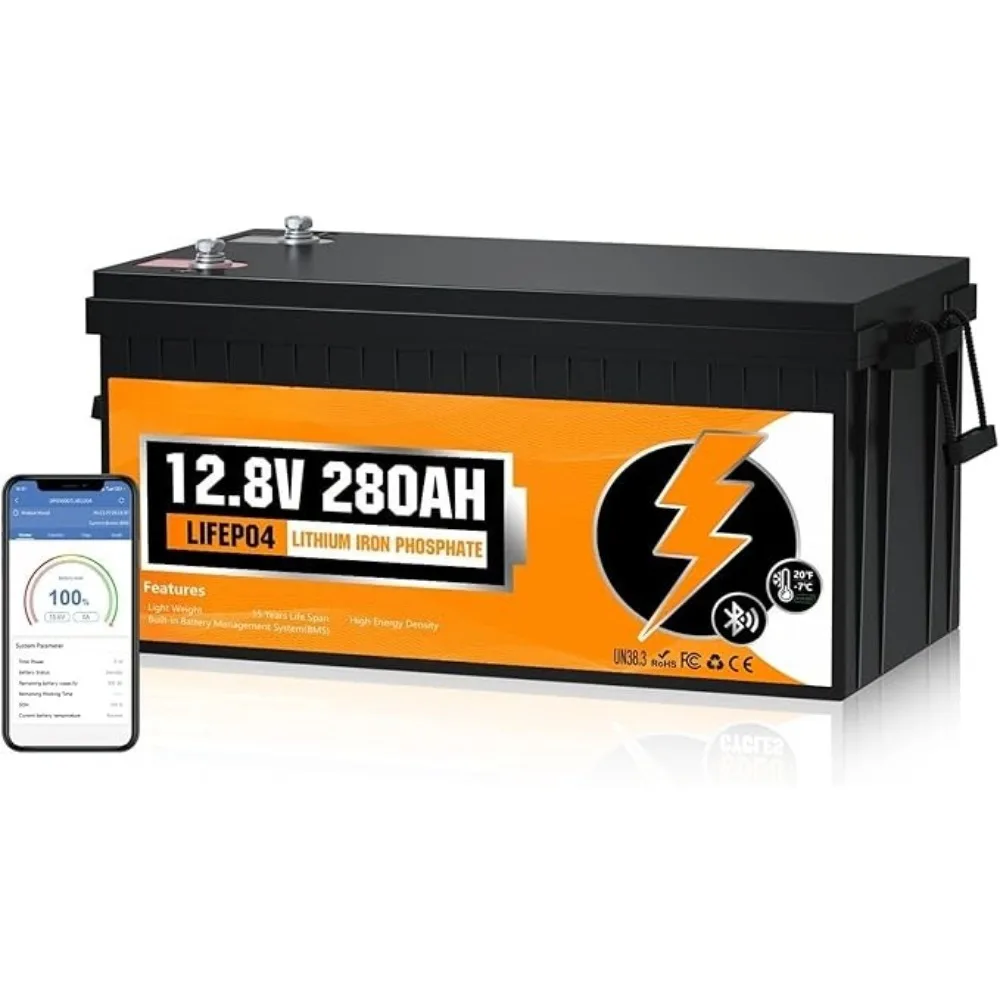 Bateria LiFePO4 RV 3584Wh 12V 280Ah com Bluetooth e corte de baixa temperatura - BMS 200A integrado - Ciclo profundo para campista, trailer