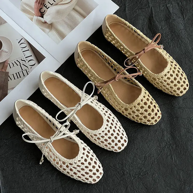 Withered Minimalist Summer Woven Hollow Mary Jane Shoes For Woman Breathable Soft Sole Butterfly Bow Grass Ballet Shoes Loafers