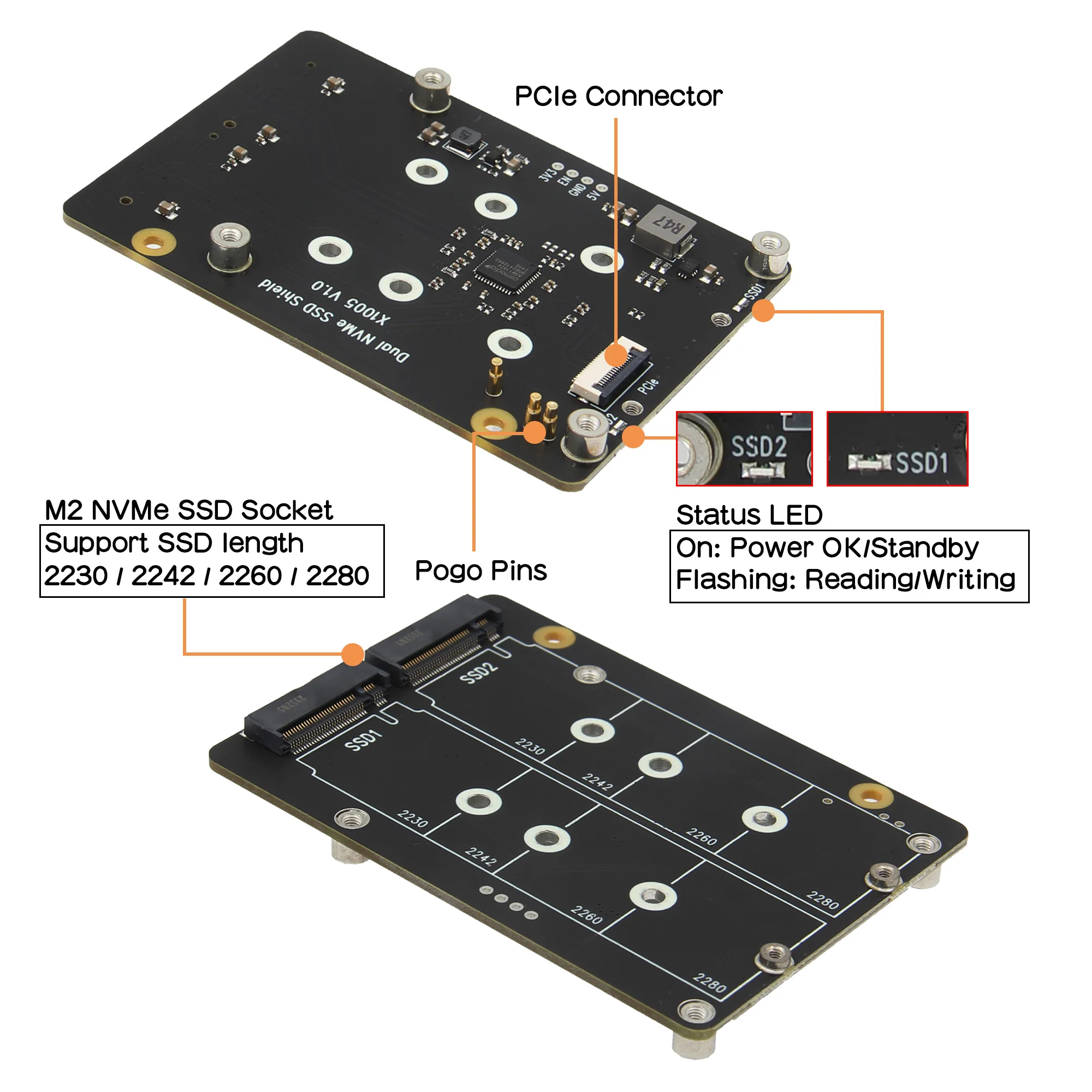 Geekworm X1005 Dual 2230/2242/2260/2280 NVMe SSD shield for Raspberry Pi 5