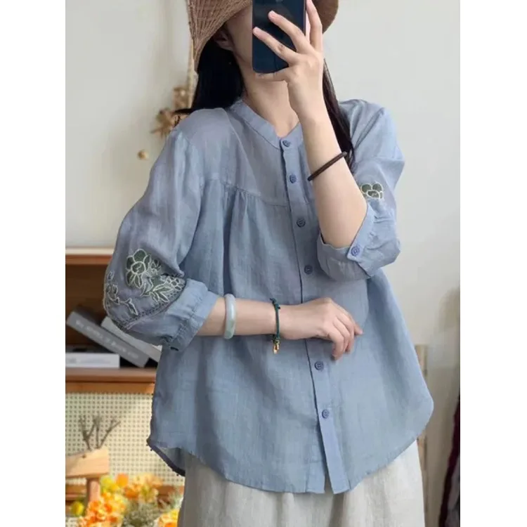 Été lourd broderie coton lin irt ventre ample couvrant sept quarts Sve dames Faion simple bouton mince irt