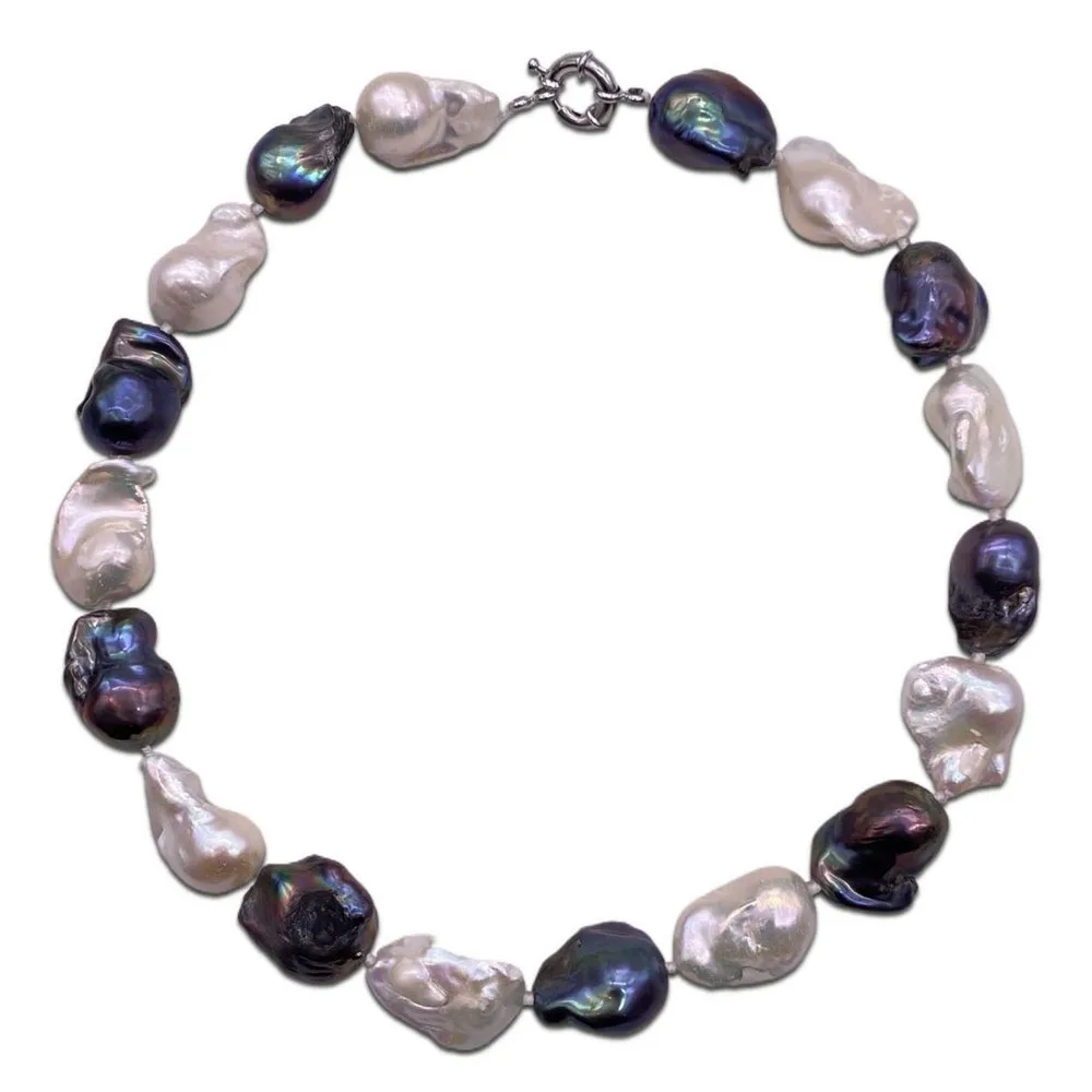 

New Selling Well White Black Mixed Color Large Size Tissue Nucleated Flame Ball Shape Baroque Pearl Necklace Freshwater