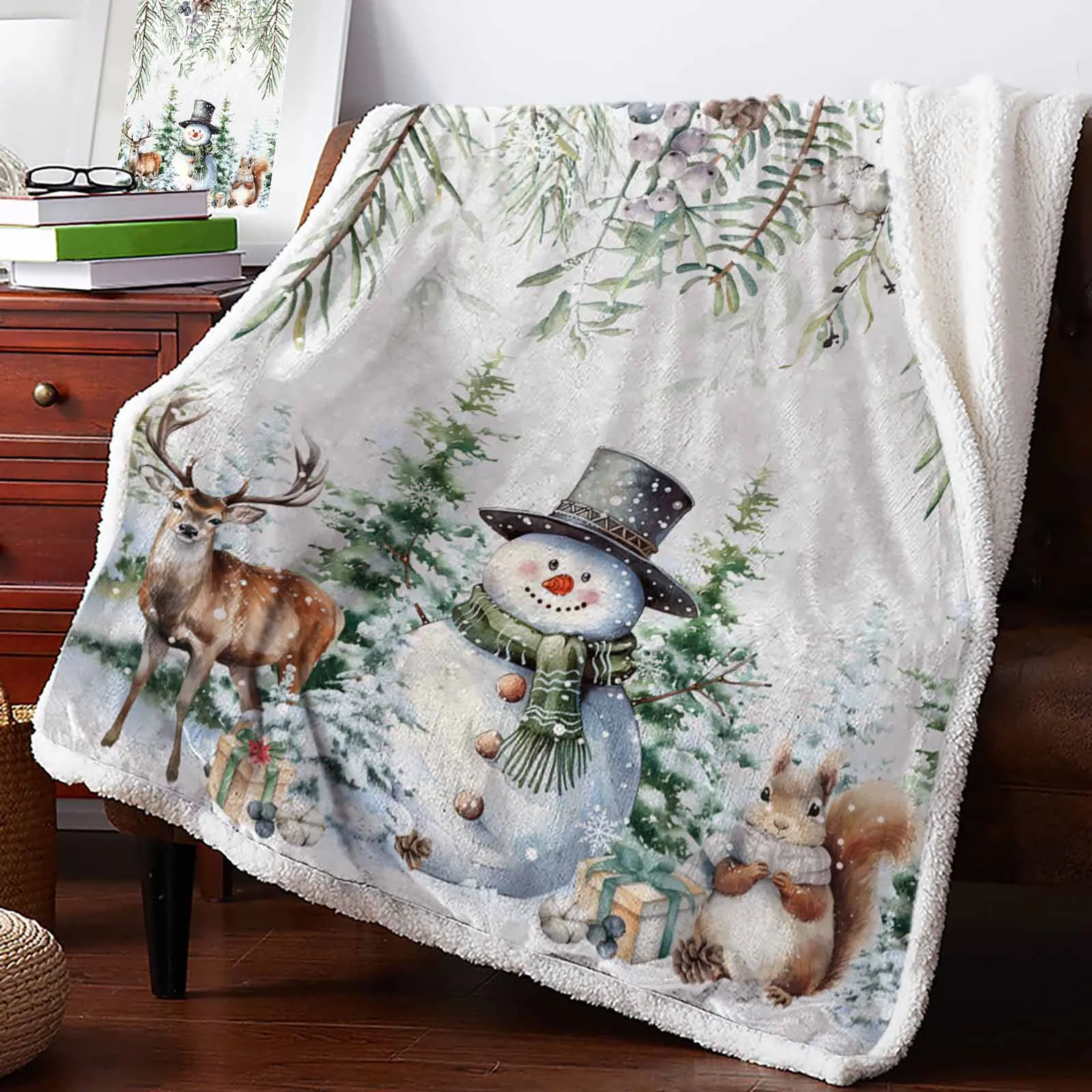 Christmas Snowman Berry Pine Squirrel Winter Warm Cashmere Blanket Office Sofa Soft Throw Blanket Kids Bed Bedspread