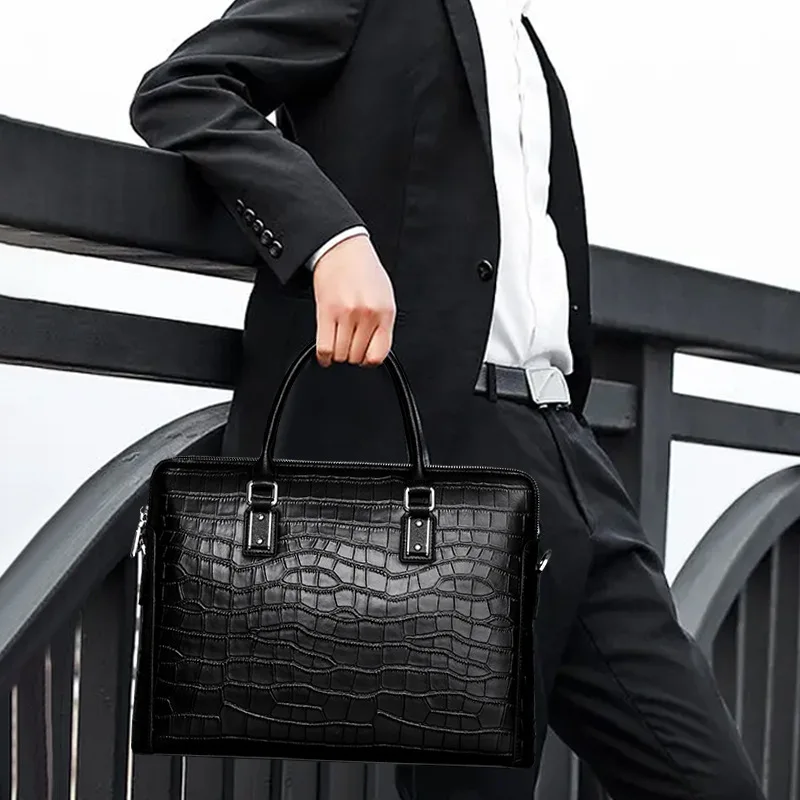 Genuine Leather Business Minimalist Briefcase Capacity Cowhide Computer Laptop Bag Crocodile Patterned Men's Handbag Shopper