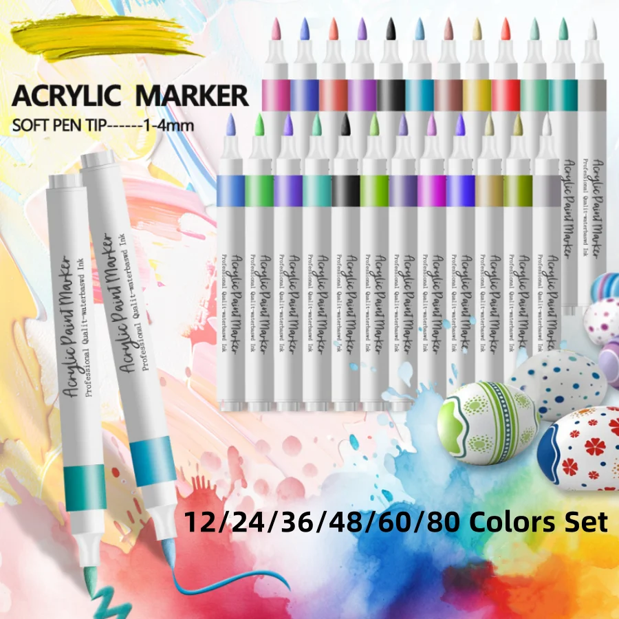 12/24/36/48/60/80 Colors Soft Tip Acrylic Marker Pen For Artist Rock Painting,Glass,Ceramic Fabric DIY Card Making Art Supplie