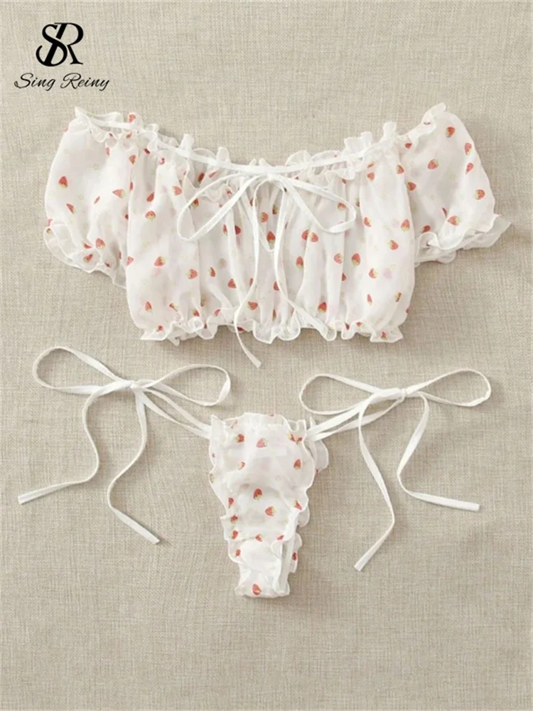 

SINGREINY Sweet Sexy Print Underwear Suits Off the Shoulder Slim Top+Short Brief Set Female Fashion Lace Up Erotic Lingerie Sets