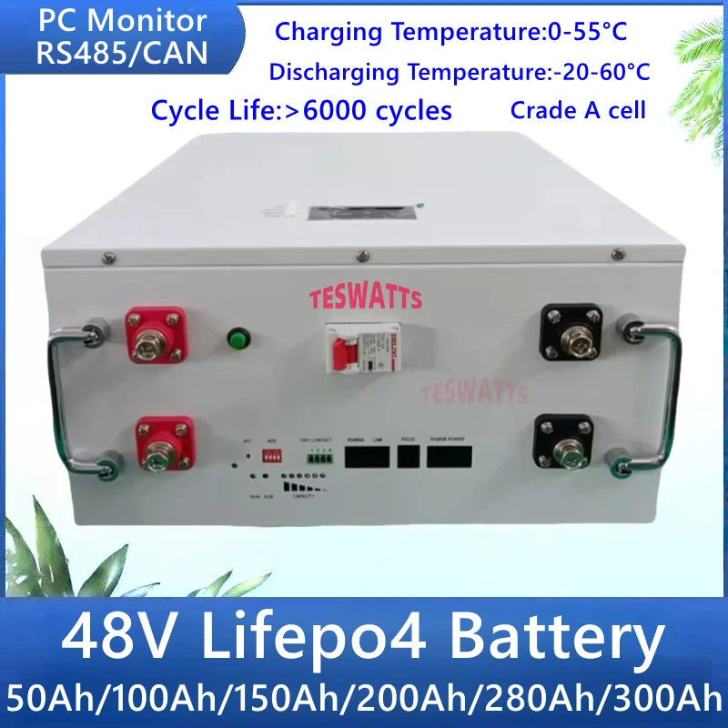 48V Lifepo4 Lithium Battery 50Ah/100AH/150Ah/200Ah/280Ah/300Ah with Bluetooth BMS for Solar System Hybrid Inverter up to 10KW 20