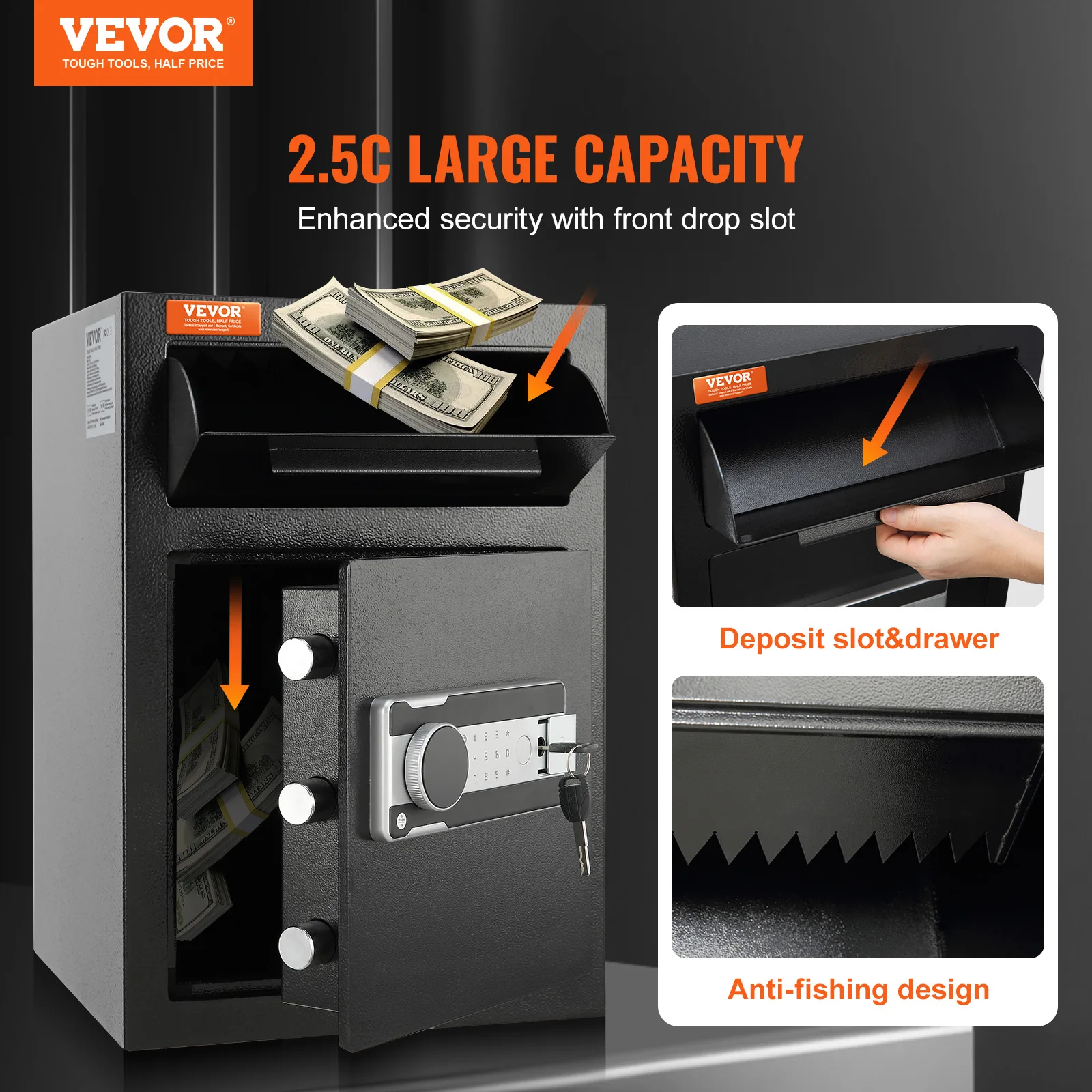 VEVOR 1.7/2.5 Cub Depository Safe Deposit Safe Electronic Code Lock & 2 Keys Business Drop Slot Safe for Cash Mail in Home Hotle