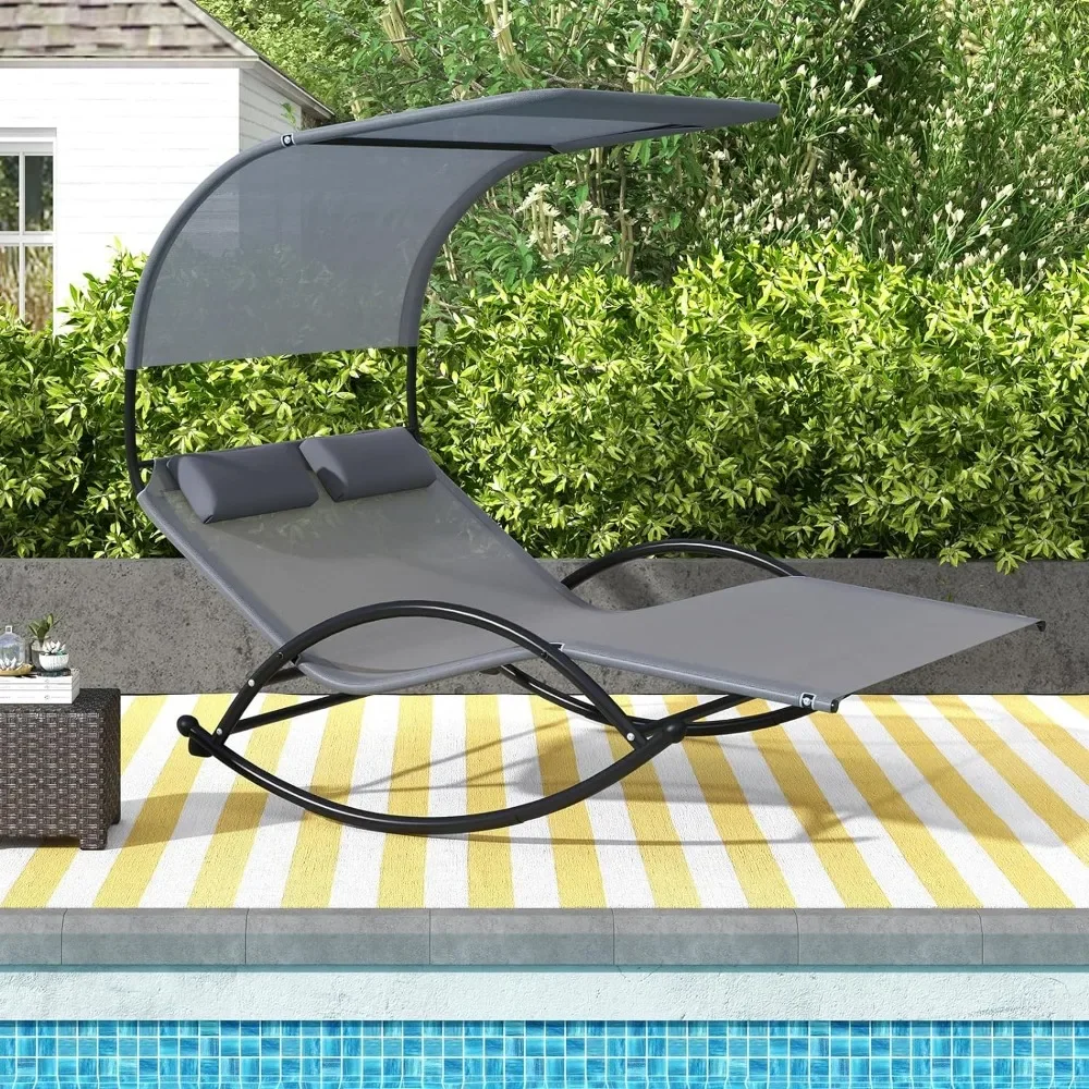 2 Person Lounge Chair with Adjustable Canopy, Outdoor Chaise Lounge with 2 Detachable Pillows, Sturdy Metal Frame