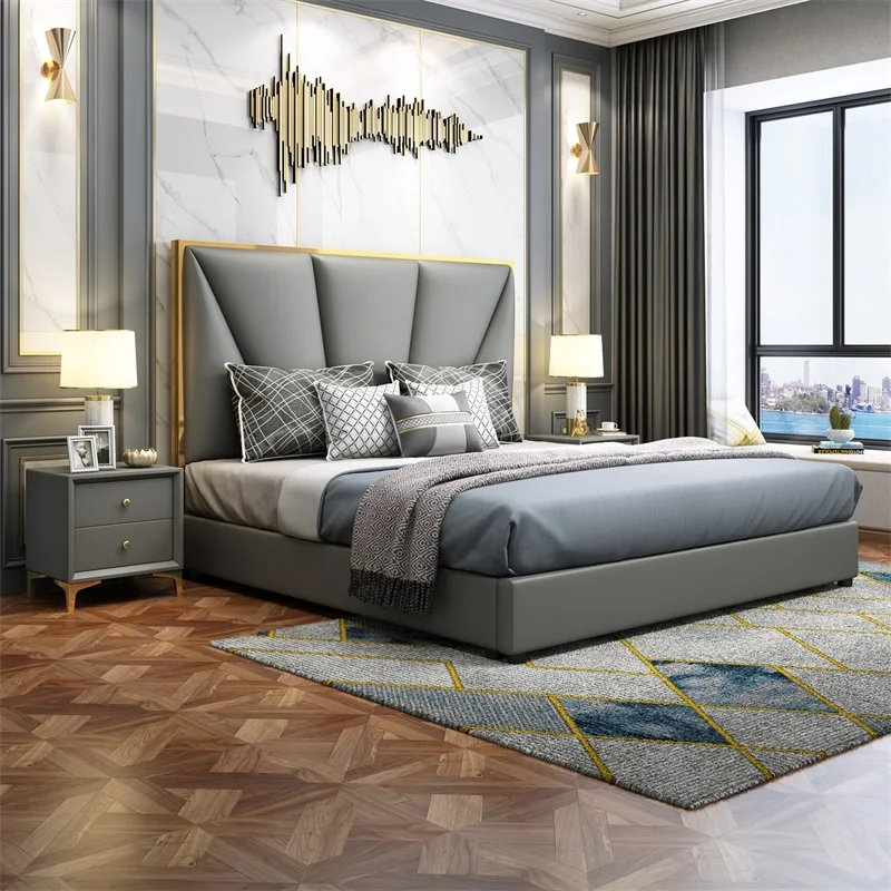 &Luxury Full-Size Double Bed Set in Soft Leather Sponge Upholstery for Master Bedroom Up-Holstered Wedding Beds