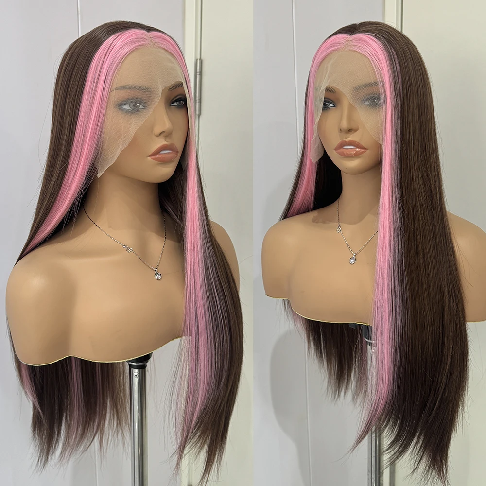 Highlights Pink Wig Synthetic Lace Front Wigs For Women Pink Highlights Wigs Brown Long Silky Straight Lace Hair Cosplay Party