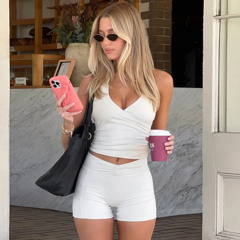 

HOTSHOT Casual Shorts Suit Hot Girl Solid Color Halter Neck Sexy Slim Sleeveless Yoga Suit Fitness Sports Shorts Two-piece Set
