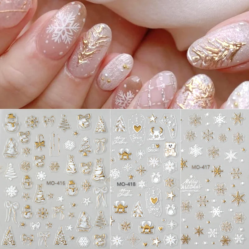 Złote naklejki na paznokcie świąteczne Y2K, brązujące, z motywem choinki, płatków śniegu, bałwana, gwiazdy, kreskówkowe jeleń, niedźwiedź, naklejki do manicure na Nowy Rok.