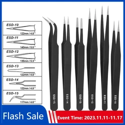 6Pcs Precision Tweezers ESD Stainless Steel Antistatic Industrial Electronic Components Maintenance and Antistatic Pincet