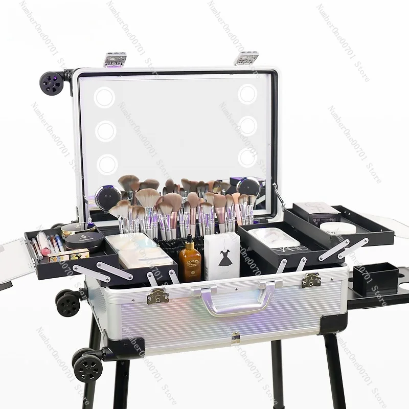New 21-inch large-capacity bridal makeup artist with lamp professional follow-up universal wheel tie rod actor makeup case LED