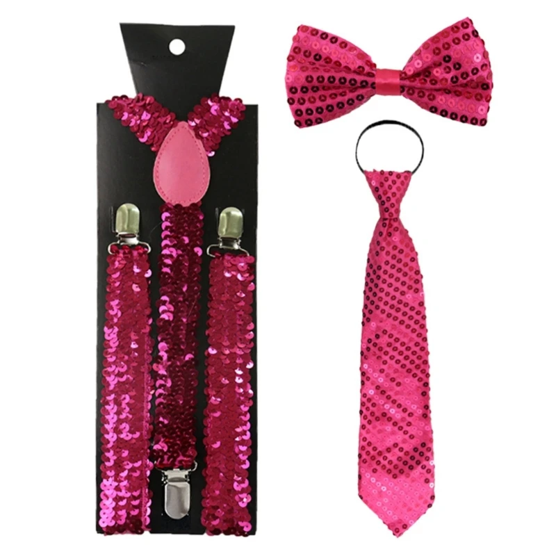 

Mens Womens Solid Glitter Sequins Bowtie Necktie and Shirts Suspender Set Halloween Christmas Party Costume