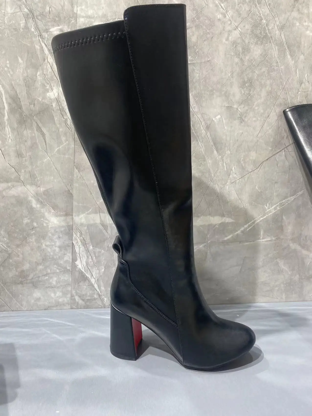 

Sewing Black Leather Long Stretch Boots For Women High-Top Round Toe Slip On Red Sole Botas Largas De Mujer Sexy Envios Gratis