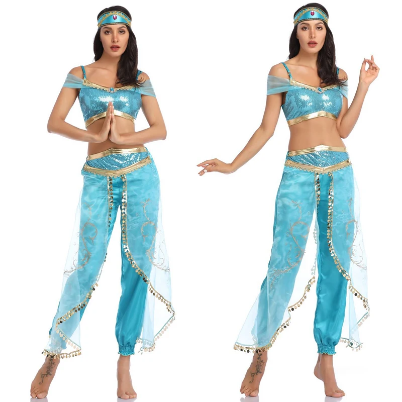 Nieuwe Sexy Prinses Jasmijn Kostuum Blauwe Volwassen Vrouwen Buikdans Optreden Arabische Outfits Carnaval Halloween Kostuum Voor Vrouwen