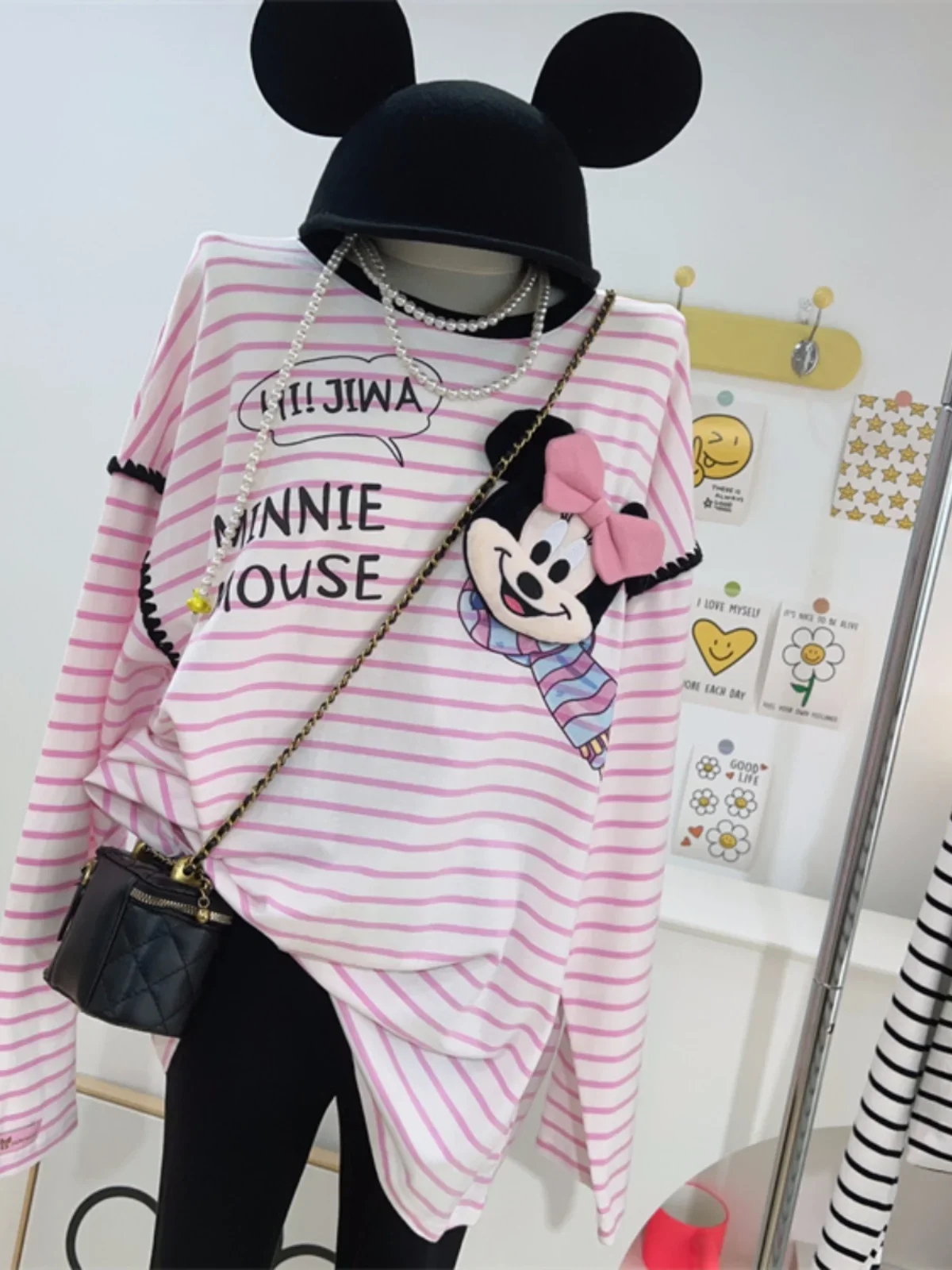 2024 New Sweet 3d Doll Letter Printing Contrasting Color Striped Long-sleeved T-shirt Female Loose Cartoon Top Spring Autumn