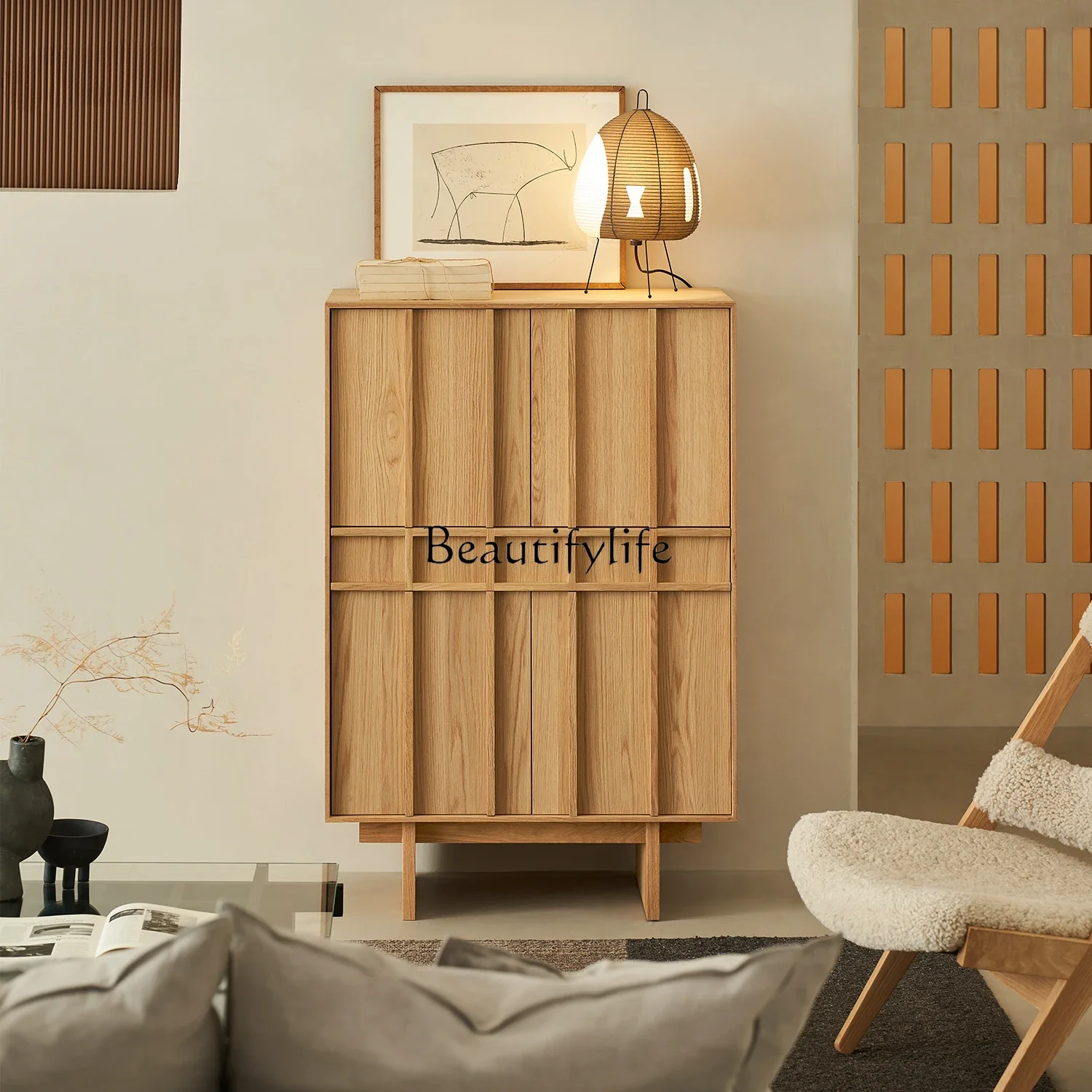 

FG11Retro log wind high side cabinet white oak solid wood simple storage living room storage chest