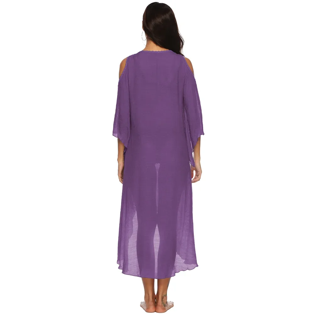 Robe tunique de plage longue en mousseline de soie pour femme, cover-up pour les maillots de bain, kaftan, tenue de plage