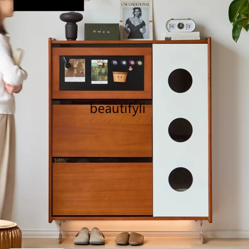 

New Solid Wood Shoe Cabinet for Home Entrance, Vintage Style Flip Bucket Bauhaus Storage Cabinet