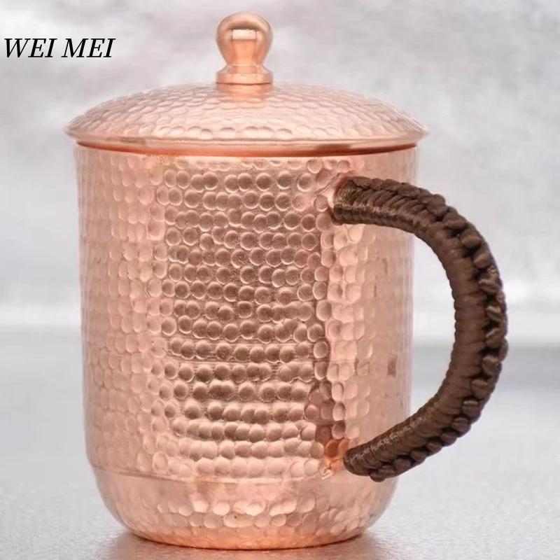 

Vintage Copper Coffee Mug,With lid Thickened 250 ml Breakfast Cup,Handcrafted Woven Handle Hammer Texture Home Tea Cup Tableware