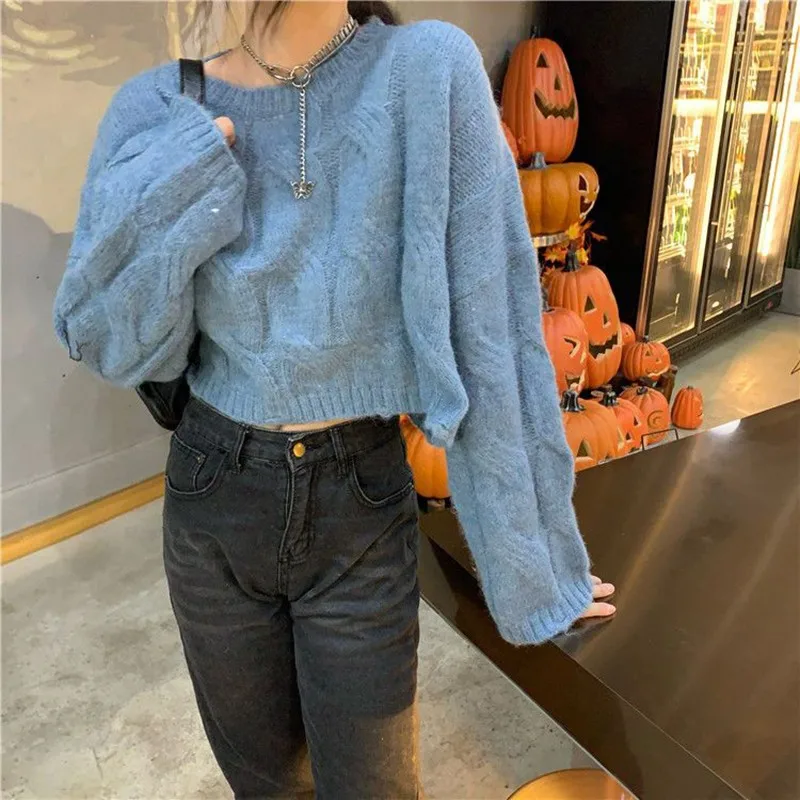 

2022 New Arrival Autumn Korean Style Women Loose Casual Long Sleeve O-neck Short Pullover All-matched Knitted Sweater P933