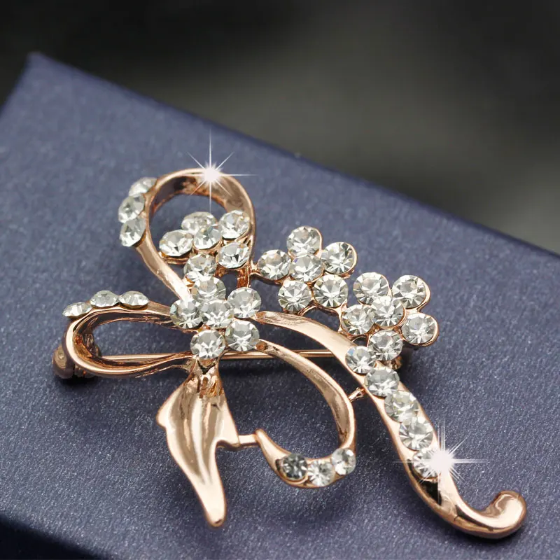 Korean Fashion Safety Pin New Elegant Bow Flower Full Rhinestone Simple Brooch Men And Women Suit Sweater Scarf Brooch  Broche