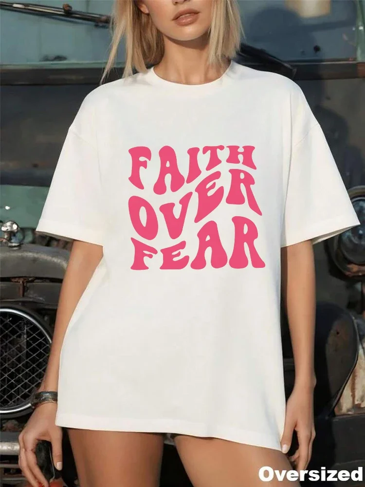 2026 Spring Summer New Women's Oversize Tees Faith Over Fear Printed T-shirt Home Outdoor Comfort Casual Soft Short Sleeve Top