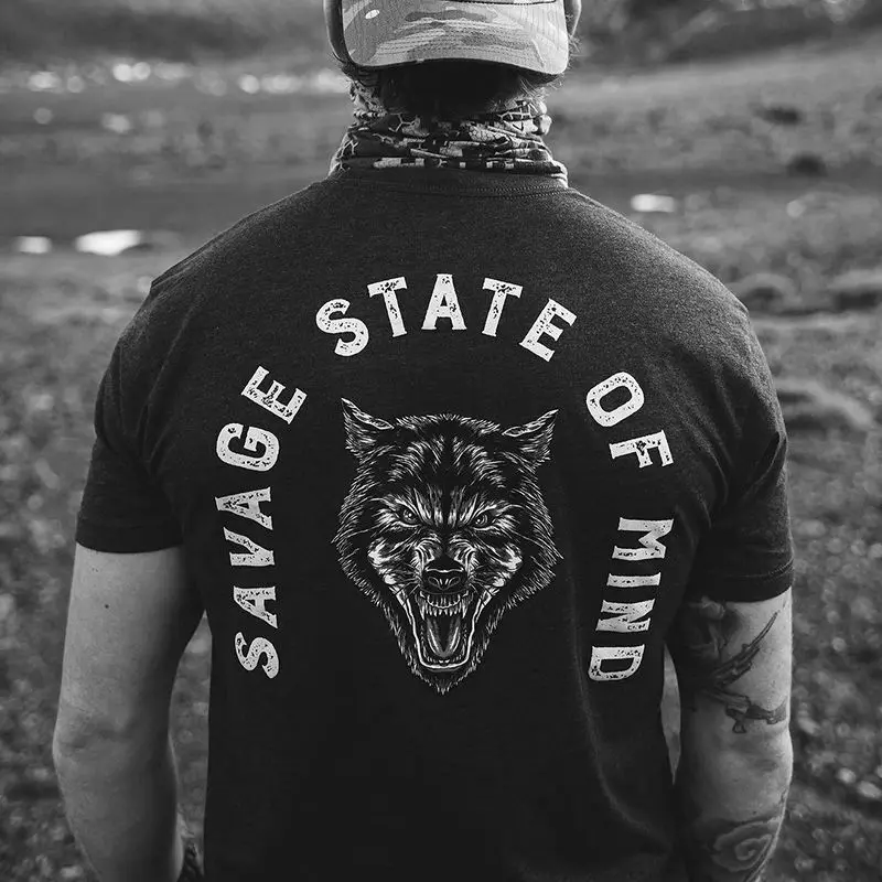 2024 Extra Large Tactical Defense Personalized SAVAGE Wolf Head Printed Pure Cotton T-shirt New Summer Fitness Short Sleeves